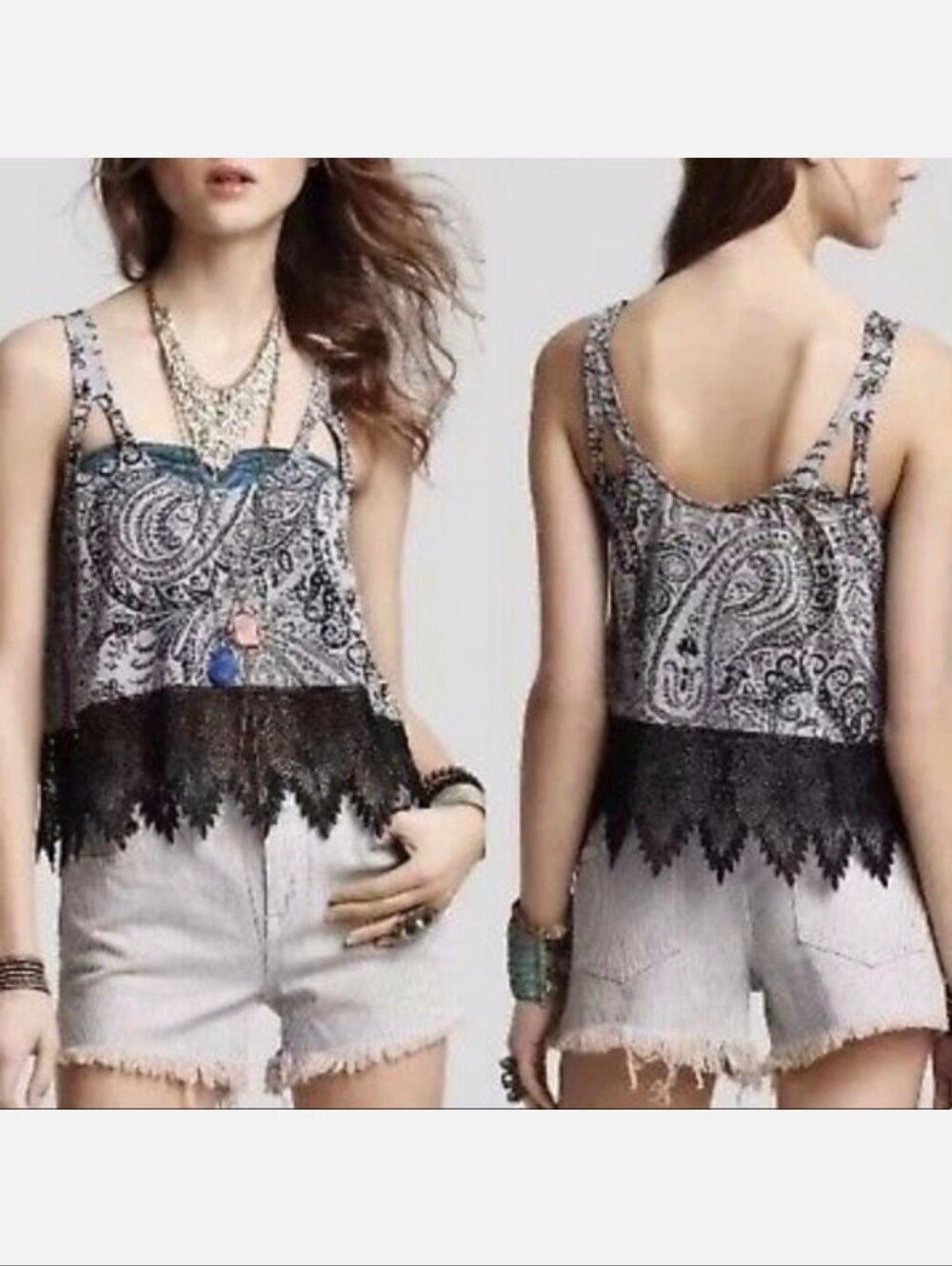 FREE PEOPLE Black & White Sheer Paisley Lace-Hem Hi Low Crop Tank Top Sz M
